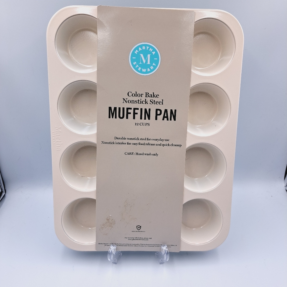 Martha Stewart 12 Cup Color Bake Nonstick Steel Muffin Pan Cream & Teal